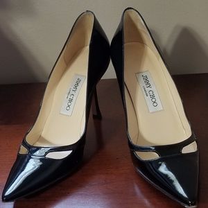 Jimmy Choo Black Patent Cutout Pump, 37.5/7.5